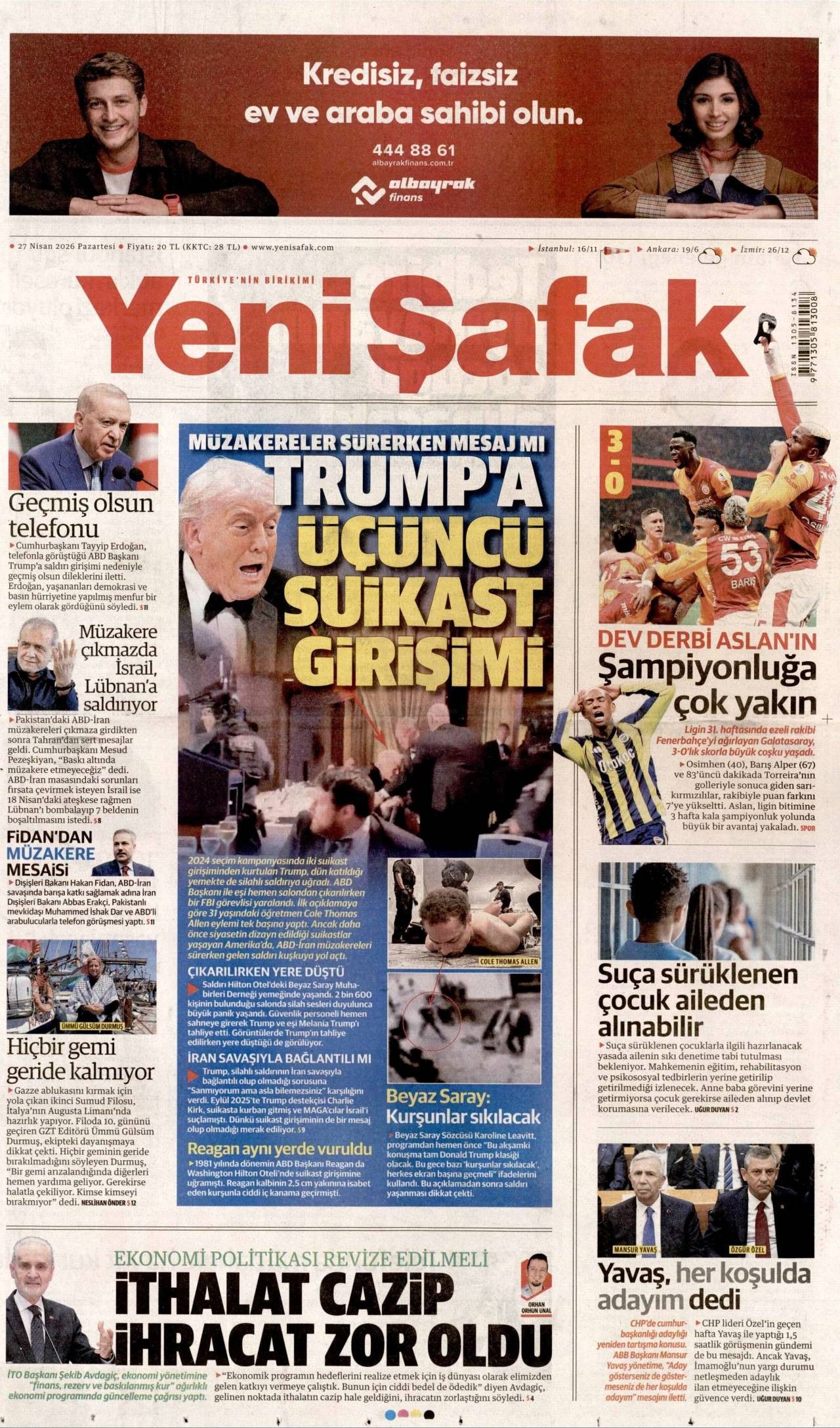 Yeni Şafak Gazetesi Gazete Manşeti